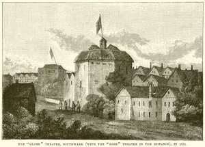 Divadlo Globe, Southwark (s divadlem růží v dálce), v roce 1613 od English School