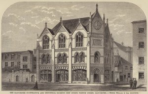 Nové obchody Gloucester Co-Operative and Industrial Society, Barton Street, Gloucester (rytina) od English School