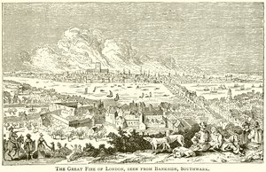 Velký požár Londýna, při pohledu z Bankside, Southwark od English School