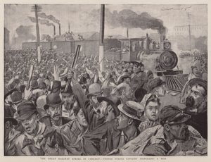 Velká železniční stávka v Chicagu, americká kavalerie rozhánějící dav (litografie) od English School
