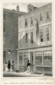 The Grecian Coffee House, Devereux Court, Strand, s bustou Bena Johnsona (rytina) od English School