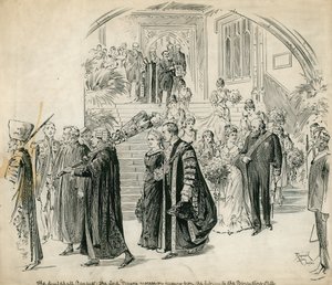 Guildhall, Londýn, banket: průvod lorda starosty procházející z knihovny do banketního sálu od English School