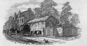 Dům na půli cesty mezi Knightsbridge a Kensington, vyrytý Frederickem Jamesem Smythem, 1848 od English School