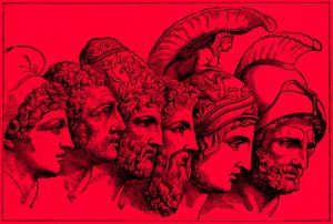 Hrdinové trojské války: Paříž, Diomedes, Odysseus, Nestor, Achilles, Agamemnon, ilustrace z Ilustrované historie světa, vydaná kolem roku 1880 (digitálně vylepšený obrázek) od English School