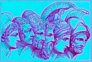 Hrdinové trojské války: Paříž, Diomedes, Odysseus, Nestor, Achilles, Agamemnon, ilustrace z Ilustrované historie světa, vydaná kolem roku 1880 (digitálně vylepšený obrázek) od English School