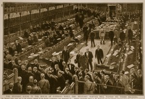 Historická scéna v Dolní sněmovně při třetím čtení zákona o vojenské službě, 1914-19 od English School
