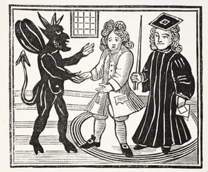 Historie Dr. Johna Fausta, ilustrace z Kapitoly osmnáctého století od Johna Ashtona, pub. 1882 od English School