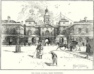 Horse Guards, pohled z Whitehallu (rytina) od English School