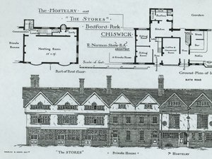 Hostelry and The Stores, Bedford Park, Chiswick, z The Building News, 1877 od English School