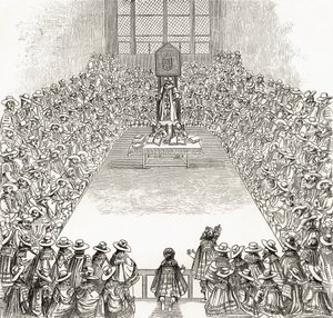 Dolní sněmovna za časů Jakuba I. z „Obrázky z Londýna: Kreslené perem a tužkou“, od reverenda Richarda Lovetta, vydáno 1890 od English School