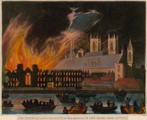 Sněmovny lordů a Commons, když se objevily v plamenech, 16. října 1834 od English School