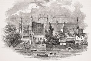 Budovy parlamentu od řeky v době Johna Hampdena, z knihy "Old England