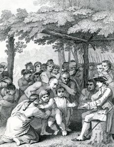 Indiáni předávají anglické zajatce plukovníku Bouquetovi poblíž jeho tábora ve Forks of Muskingham v Severní Anerice, vyryto Canotem, 1764 od English School