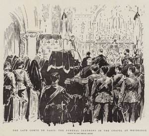 Pozdní Comte de Paris, pohřební obřad v kapli ve Weybridge (litho) od English School