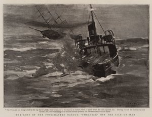 Ztráta čtyřstěžňové barque „Thracian“ u ostrova Man (litho) od English School