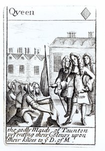Služky z Tauntonu klečící před vévodou z Monmouthu, 18. června 1685, hrací karta Queen of Diamonds ze sady připomínající povstání Monmouthů od English School