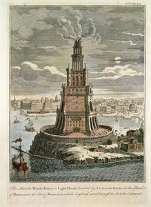Mramorová strážní věž nebo maják postavený Ptolemaiem Soterem na ostrově Faros poblíž alexandrijského přístavu (kolorovaný tisk) od English School