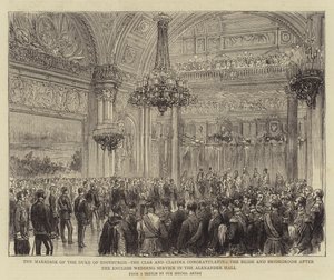 Sňatek vévody z Edinburghu, cara a carevny blahopřání nevěstě a ženichovi po anglickém svatebním obřadu v Alexander Hall (rytina) od English School