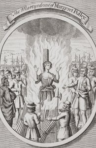 Umučení Margeret Polleyové v Tunbridge, z knihy "The Burning of the Martyrs", vydané v roce 1741 (litografie) od English School