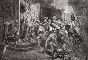 Masakr sv. Bartoloměje: útok na Colignys lodgings, ilustrace z Historie protestantismu od Jamese Aitkena Wylie (1808-1890), hospoda. 1878 od English School