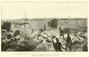 Válka Matabele, pohled na Bulawayo, ukazující v dálce hradbu Lobengula
