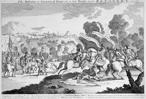 Chyba a satyrický tisk na pozdní bitvě poblíž M-d-n v G-r-m-y, kolem roku 1759 (lept) od English School