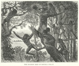 Opičí muži z úžiny Dourga (rytina) od English School