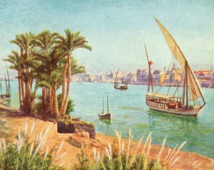 Nil, pohled na Káhiru (barevná litografie) od English School