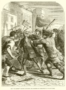 The No Popery Rioters útočí na členy parlamentu v Palace Yardu od English School