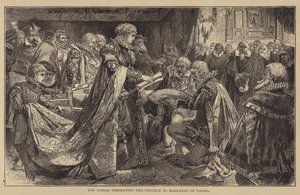 Šlechtici předávají petici Markétě Parmské (rytina) od English School