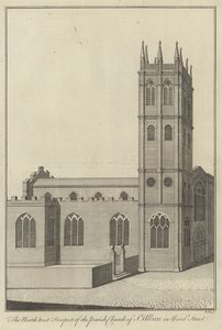 Severozápadní prospekt farního kostela St Alban na Wood Street v Londýně