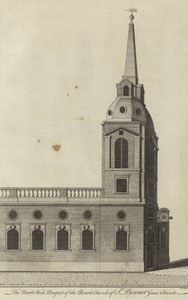 Severozápadní prospekt farního kostela St Benet Gracechurch, Londýn