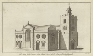Severozápadní prospekt farního kostela St Mary Whitechapel v Londýně
