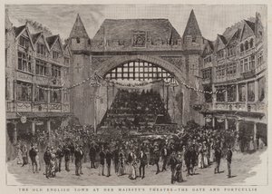 Staré anglické město v divadle Jejího Veličenstva, Brána a Portcullis (rytina) od English School