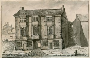 Hostinec Starý sokol na břehu, jak vypadal v roce 1805 od English School