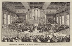 Orchestr v Exeter Hall, během setkání Sacred Harmonic Society od English School
