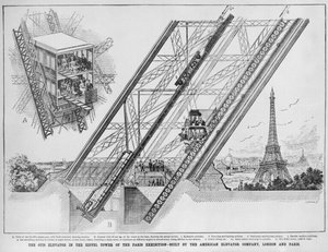 Výtah Otis v Eiffelově věži, postavený společností American Elevator, Paříž a Londýn, 1889 (rytina od English School