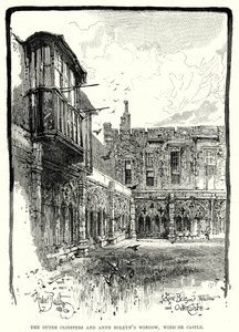 Vnější křížová chodba a okno Anny Boleynové, hrad Windsor (rytina) od English School