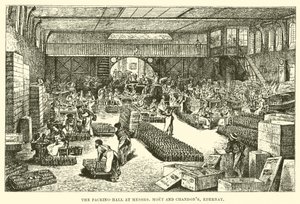 Balící hala v pánech Moet a Chandon, Epernay (rytina) od English School