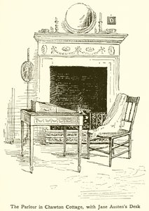Salon v Chawton Cottage, s pultem Jane Austensové od English School