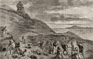 Pronásledování a masakr křesťanů na ostrově Madagaskar v roce 1849, kolem roku 1865 (dřevoryt) od English School