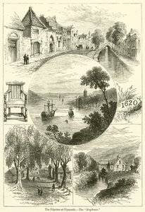 The Pilgrims at Plymouth, The "Mayflower" (rytina) od English School