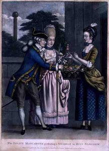 The Polite Maccaroni Prezentace Nosegay slečně Blossomové, hospoda. od Caringtona Bowlese (fl. 1744-93) od English School