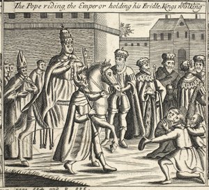 Papež na koni, císař držící uzdu, králové jdoucí před ním, ilustrace ze Skutků a pomníků od Johna Foxe, deváté vydání, hospoda. 1684 od English School