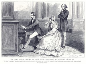 Princ Consort hraje na varhany před Mendelssohnem v Buckinghamském paláci, 1842 od English School