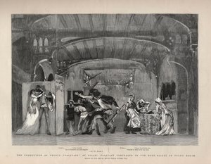Produkce Giuseppe Verdiho „Falstaff““ v Miláně, Falstaff ukrytý v Buck-Basket ve Fordově domě. Ilustrace pro grafiku od English School