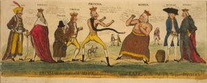 Pruský vítěz a jeho spojenci pokoušející se zkrotit císařskou Kate, neboli stav evropských bursierů, 1791 (ručně kolorovaný lept) od English School