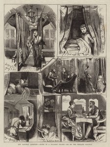 Železniční otázka, poznámky ve voze Pullman Palace na Midland Railway (rytina) od English School