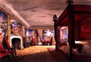 The Red Room, Cotehele House, cca 1830-40 (barevné lito) od English School