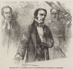 Správný čestný W E Gladstone, který pokládá základní kámen školy v Golden-Lane (rytina) od English School